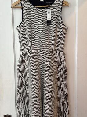 Banana Republic Black and White Sleeveless Geometric Fit-and-Flare Dress